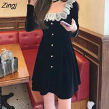 Velvet Fairy Dress Women Sweet Ruffles Elegant Casual Princess Dress Spring Black Gothic Korean Party Dresses 2022