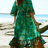 Queens Women Floral Print Batwing Sleeve Rayon Bohemian Dresses Ladies V Neck Tassel Boho Pleated Maxi