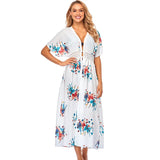 Patchwork Plunging Neck Self Belted High Waist Beach Tunic Dress Summer Beachwear Solid White Front Open Long Dress