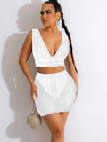 Sexy Black Diamond Crystal Mesh Skirt Set Women Deep V Neck Tank Top And Mini Skirt Suit Night Clubwear Matching
