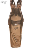 Women 2023 New Y2K Bright Golden Elegant Evening Party Wedding Backless Super Low Cut Lace Up Pleated Hem Slitted