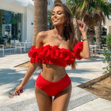 Sexy Double Ruffle Bikinis Women Swimsuit Solid High Waist Swimwear Off The Shoulder Bathing Suit Beachwear Bandeau