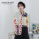 Color Block Shirt Long Sleeve Button Up Collared Shirt Heart Print Patchwork Korean Blouse Ladies Top Spring