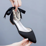 Cm Flat Tip Hollow Sandals Low Heel White Ribbon Wedding