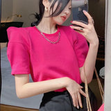 Cool Chain Puff Sleeve Rose Red Solid T Shirts Elegant Fashion Office Lady Loose Summer Large 2XL O-neck Tops
