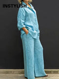 Women Autumn Linen Lapel Shirt Two Pieces Set Vintage Solid Long Sleeve Button Blouse and Loose Straight Pants Casual
