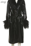 PU Leather Black Windbreaker Coats Women Full Sleeve Single Breasted Long Outwear With Belt Fashion Wild