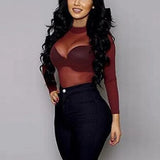 Women T Shirt See Through Transparent Mesh Tops Long Sleeve Sheer Slim Ladies Turtleneck