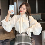 Tie Tops Women Korean Style Design Clothes Flare Sleeve Elegant Office Lady Cute Ribbon Sweet Basic Shirts Blouses
