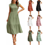 Summer Hot Women's Clothing New To Take Flying Sleeves Pure Color Folding Short-Sleeved Dress