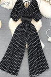 Vintage Women Polka Dot Romper Sexy V-Neck Puff Short Sleeve High Waist Backless Wide Leg Jumpsuits Female New