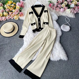 Temperament Knitted Suit Women Elegant V-neck Cardigan Knitted Jacket + High Waist Wide-leg Pants Two-piece
