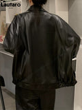 Spring Autumn Cool Retro Casual Oversized Black Waterproof Soft Faux Leather Jackets for Women Zipper Elastic Waist