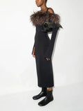 Off Shoulder Long Sleeve Feather Bandage Dress Women Black Slash Neck Strapless Bodycon Midi Dress Evening Party Club