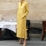 Casual Dot Print Commuter Maxi Dress Fashion Long Sleeve A-line Dress Elegant Ladies Standing Neck Pocket Straight