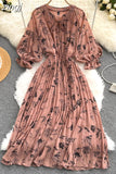Red/Brown/White Printed Pleated Chiffon Dress Autumn Elegant V-Neck Flare Long Sleeve High Waist Draped Midi Vestido