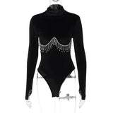 Diamond Tassel Turntable Bodysuit Women Winter New Long Sleeve Body Tops Femme Sexy Club Party