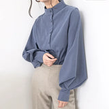 Lantern Sleeve Blouse Women Spring Fashion Single Breasted Stand Collar Shirts Female Office Work Blouse Solid White