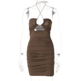2022 Sleeveless Halter Backless Hollow Out Pleat Bodycon Dress Summer Sexy Women Streetwear Y2K Party Club