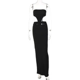Spring Women Solid Black Strapless Hollow Out Long Nightclub Dress Female High Split Sleeveless Maxi Evening Party