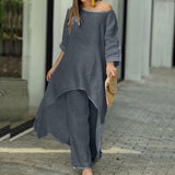 Loose Suits Casual Women Autumn 2 Piece Sets Fashion Long Sleeve O Neck Irregular Long Tops + Straight Pants Ladies