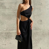 Fashion Black Hollow Out Maxi Dress for Summer Holiday Club Party Dresses 2022 New Women High Split Backless Sexy