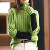 Winter High Collar Loose Casual Patchwork Sweater Top Women Thick Warm All-match Knitting Jumper Ladies Vintage