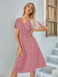 Printed Casual Beach Midi Dresses Women Summer V-neck Short Sleeve Empire Waist A-Line Dress Sundress Vestido Robes
