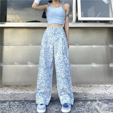 Pants Women Summer Wide Leg Blue Print Fashion Streetwear Tender Elastic Waist Empire Full-length Pockets Korean
