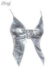 Women's Summer Silver Chain Vest Top Y2k Sexy Sleeveless Crop Top Ladies Camisole Punk T-shirt With Open Shoulders Tank Top