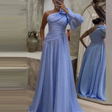 One Shoulder Sleeve Split Party Dress Fashion Autumn Solid Pleated Dress 2023 Elegant Diagonal Collar Chiffon Long