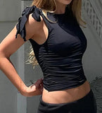 Women's Ruched Tank Tops Tie Knot Shoulder Sleeveless Round Neck Solid Color Tops Cropped Slim Sleeveless Shirt Vests