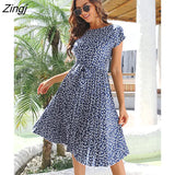 Floral Print Pleated Dresses Women Summer Dress YEMOGGY 2022 New Slim Casual High Waist Lace Up Midi Short Sleeve