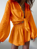 Long Sleeve Lapel Single Breasted Cardigan Shirt + Elastic Waist Shorts 2 Piece Set Women Casual Loose Solid Pocket