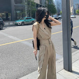 Fashion Summer Sleeveless Drawstring Sports Top + High Waist Wide Leg Pants Set Female High Street Office Wear