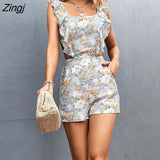 Elegant Sexy Backless Tie Ruffled Floral Print Jumpsuits Women's Summer Playsuits 2022 New Elastic Waist Shorts