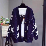 women's knitted jacket cardigans 2021 autumn winter new loose and versatile stitching star mid-length sweater