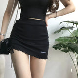 Y2K Black Mini Skirts Women Elastic High Waist Drawstring Slim A Line Skirt Sexy Club Korean Folds Knitted Bodycon