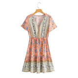 Queens Women Pink Floral Print Deep V-neck Front Button Bohemian Mini Dress Ladies Short Sleeve Elastic Boho