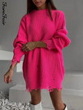2021 Knitted Green O Neck Pullover Long Sleeve Y2K Oversized Sweater Dresses Women Party Sexy Club Sweater Top