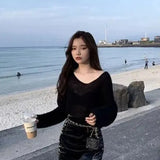 Streetwear Sweater Women Korean Hollow Out Sun-Proof Knitted Pullovers Summer V Neck See Through Jumper Solid Knitwear