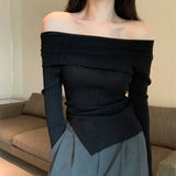 Elegant Slash Neck Sweaters Women Irregular Split Knitted Jumpers Korean Slit Solid Basic Slim Pullovers Autumn