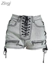 Summer Bandage Sexy Denim Shorts Blue Women Streetwear Jeans Mini High Waist Slim Lace Up Casual Zipper Goth Club