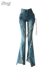 Flare Jeans Vintage Low Waisted Split Trousers Aesthetic Streetwear Casual Cargo Pants Women Korean Style Distressed