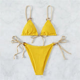 Sexy Bikini Set Cute White Plain Ring Linked Spaghetti Strap Triangle Thong Biquini Swimsuit Swimwear Women Bathing Suit