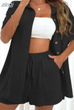 Shirts Suit Wide-leg Shorts Two Piece Set 2023 Short Sleeve Cotton Casual Long Blouse Women Pockets Loose Outfits