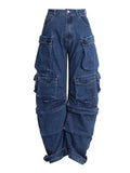 Color Multi-pocket Loose Jeans Women High Street Retro Hip-hop Wide-leg Pants Casual Straight High-waisted Jeans Women