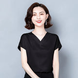 Blouses for Women Fashion Satin Casual T-shirt Solid V-neck Womens Tops Silk Elegant Short Sleeve Blouse Women