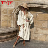 Sexy V-neck Beige Linen Dress Ladies Fashion Loose Long Sleeve Midi Dress Elegant Lace-up Classic Dresses For Women