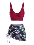 Butterfly Flower Print Cinched Padded Three Piece Tankini Women Swimsuit High Waisted Bathing Suits Beach Wear